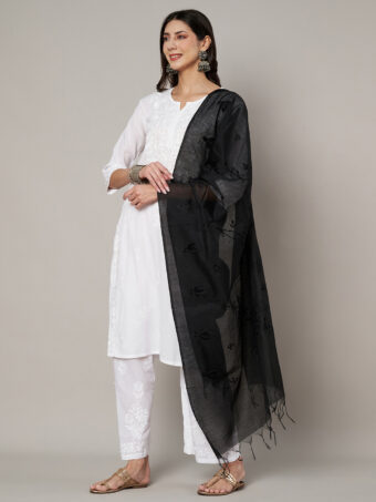 MUFFLY Women Embroidered Chanderi Cotton Black Dupatta - Image 3