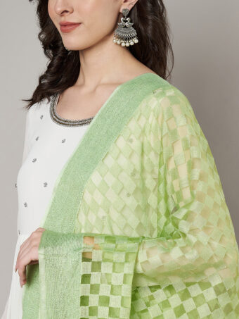 MUFFLY Women Green Cotton Checks Dupatta - Image 3