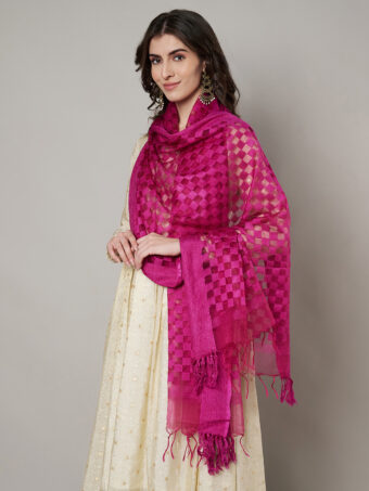 MUFFLY Women Pink Cotton Checks Dupatta - Image 3