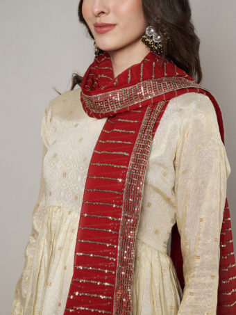 MUFFLY Women Maroon Silk Embellished Dupatta - Image 4