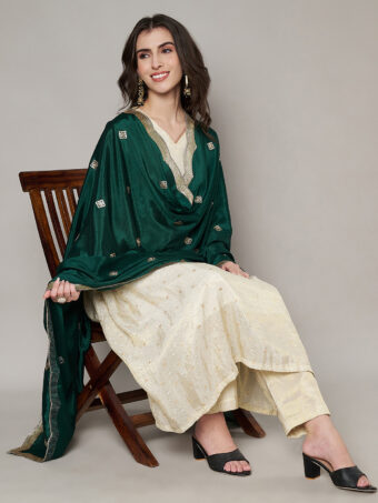 MUFFLY Women Green Chiffon Embellished Dupatta - Image 3