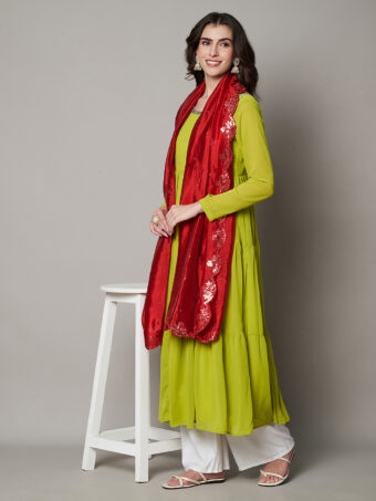 MUFFLY Women Red Silk Embroidered Dupatta - Image 5