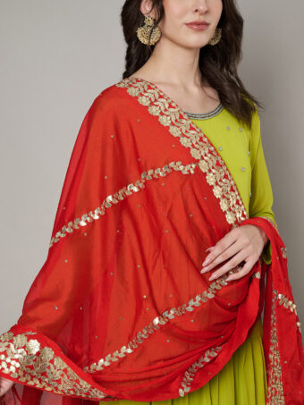 MUFFLY Women Red Silk Embellished Dupatta - Image 4