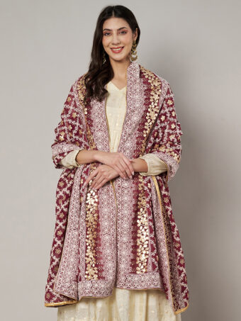 MUFFLY Maroon Georgette Lucknowi Dupatta with Gotta Patti Work - Image 4