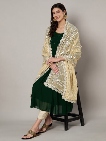 MUFFLY Beige Georgette Handcrafted Dupatta with Gotta Patti Work - Image 3