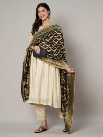 MUFFLY Georgette Bandhani Black Dupatta with Heavy Traditional Embroidery Cut Stone Work - Image 4