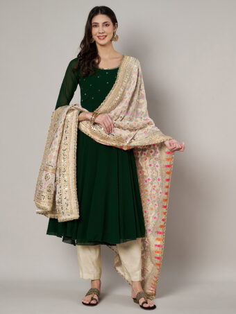 MUFFLY Georgette Bandhani Off White Dupatta with Heavy Traditional Embroidery Cut Stone Work - Image 4