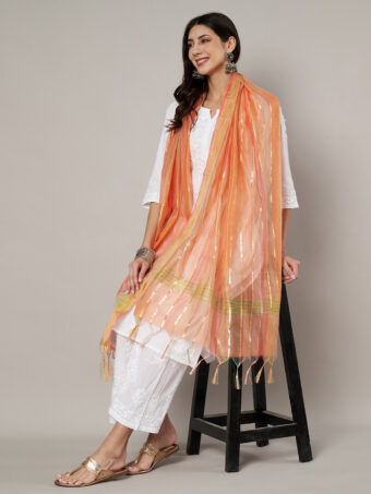 MUFFLY Women Multicolour Striped Poly Chanderi Cotton Dupatta - Image 4