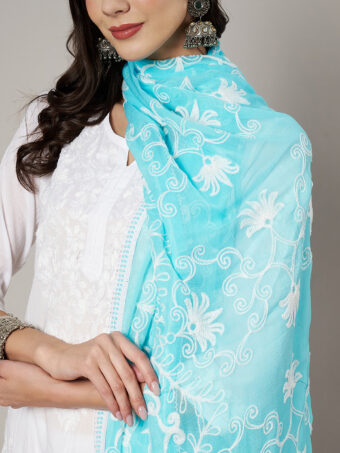 MUFFLY Women Embroidered Chiffon Sky Blue Dupatta - Image 5