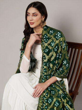 MUFFLY Women Banarasi Designer Bandhej Gharchola Silk Green Dupatta with Gota Lace - Image 4