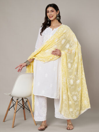MUFFLY Women Embroidered Chiffon Yellow Dupatta - Image 4