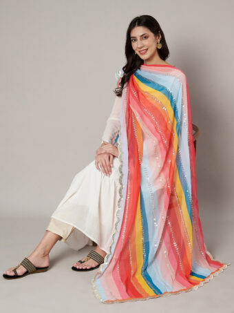 MUFFLY Women Embroidered Sequence Multi Colour Designer Georgette Dupatta - Image 4