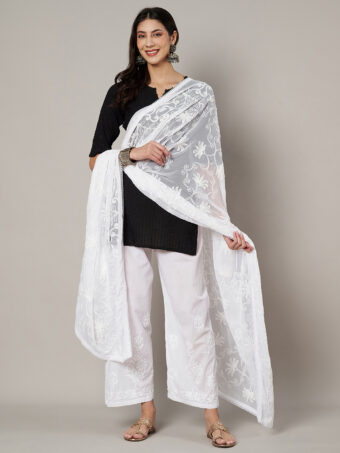 MUFFLY Women Embroidered Chiffon White Dupatta - Image 4