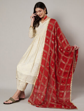 MUFFLY Red Chinnon Dupatta with Sequence Embroidery Work - Image 4