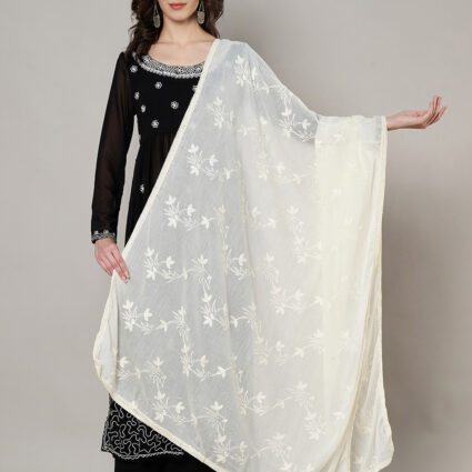 MUFFLY Women White Cotton Floral Dupatta