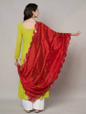 MUFFLY Women Red Silk Embroidered Dupatta - Image 4