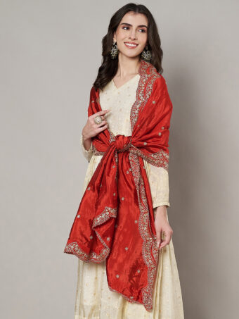 MUFFLY Women Red Silk Embroidered Dupatta - Image 5