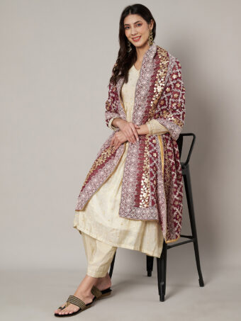 MUFFLY Maroon Georgette Lucknowi Dupatta with Gotta Patti Work - Image 5