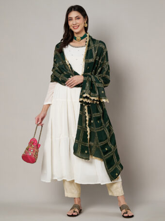 MUFFLY Green Chinnon Dupatta with Sequence Embroidery Work - Image 4