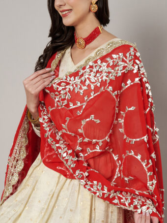 MUFFLY Red Georgette Handcrafted Dupatta with Gotta Patti Work - Image 4