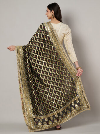 MUFFLY Georgette Bandhani Black Dupatta with Heavy Traditional Embroidery Cut Stone Work - Image 5