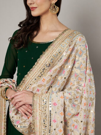 MUFFLY Georgette Bandhani Off White Dupatta with Heavy Traditional Embroidery Cut Stone Work - Image 5