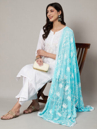 MUFFLY Women Embroidered Chiffon Sky Blue Dupatta - Image 6