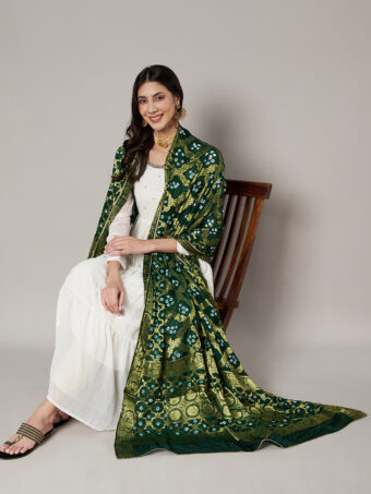 MUFFLY Women Banarasi Designer Bandhej Gharchola Silk Green Dupatta with Gota Lace - Image 5
