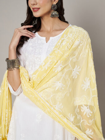 MUFFLY Women Embroidered Chiffon Yellow Dupatta - Image 5