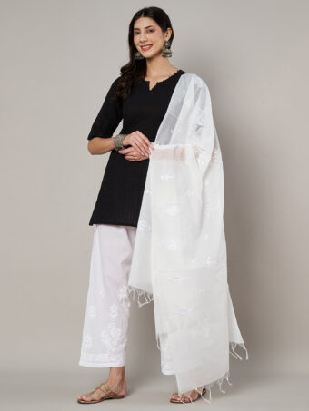 MUFFLY Women Embroidered Chanderi Cotton White Dupatta - Image 5