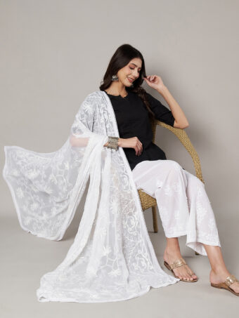 MUFFLY Women Embroidered Chiffon White Dupatta - Image 5
