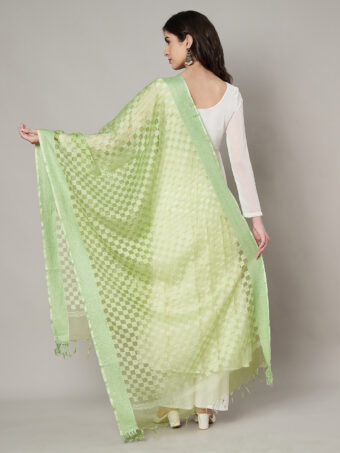 MUFFLY Women Green Cotton Checks Dupatta - Image 5