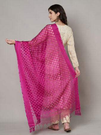 MUFFLY Women Pink Cotton Checks Dupatta - Image 5
