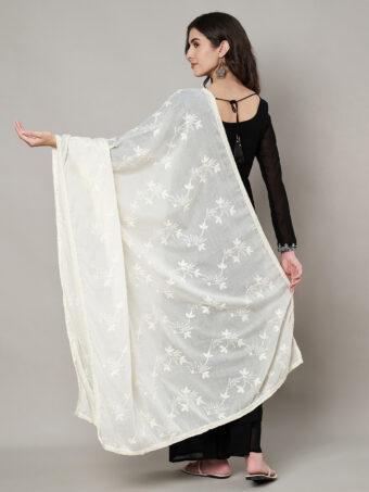 MUFFLY Women White Cotton Floral Dupatta - Image 5
