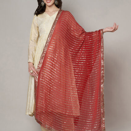 MUFFLY Women Maroon Silk Embellished Dupatta