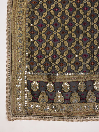 MUFFLY Georgette Bandhani Black Dupatta with Heavy Traditional Embroidery Cut Stone Work - Image 6