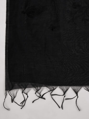 MUFFLY Women Embroidered Chanderi Cotton Black Dupatta - Image 6