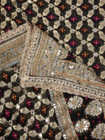 MUFFLY Georgette Bandhani Black Dupatta with Heavy Traditional Embroidery Cut Stone Work - Image 7