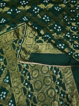 MUFFLY Women Banarasi Designer Bandhej Gharchola Silk Green Dupatta with Gota Lace - Image 7