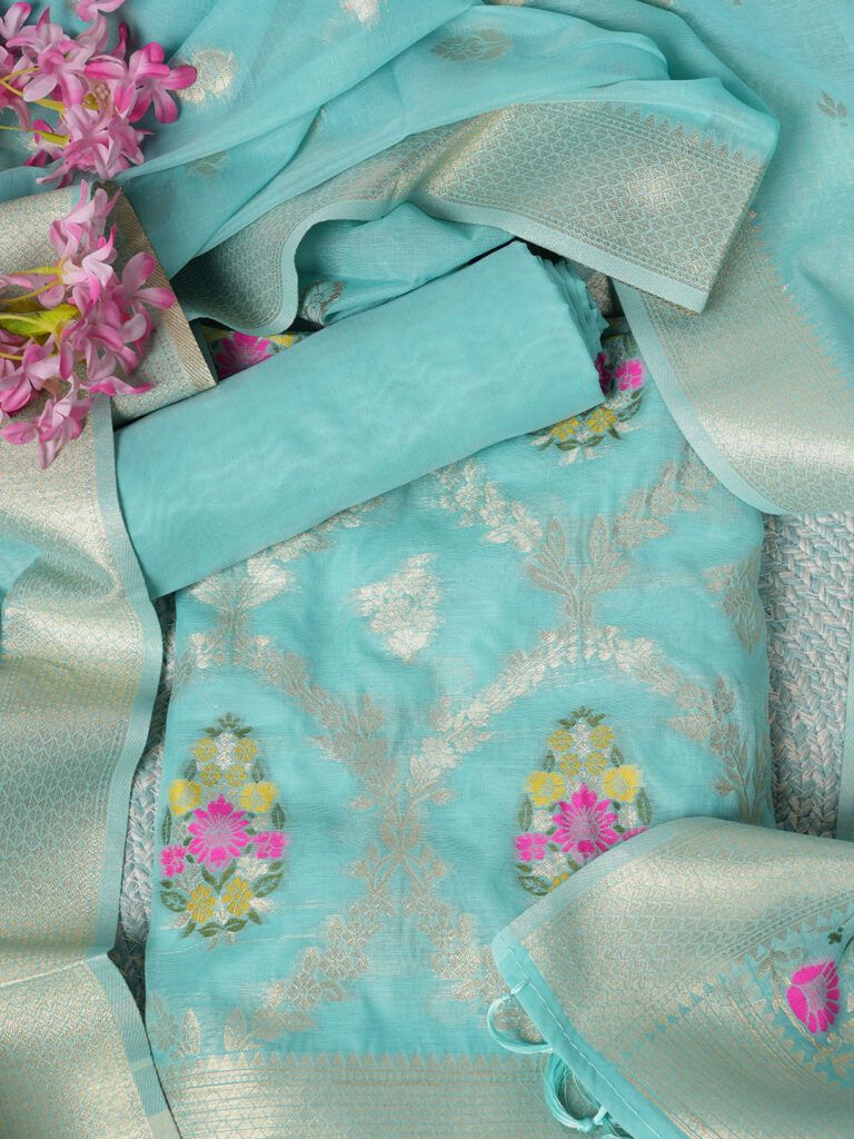 MUFFLY Silk Unstitched Suit Set with Woven Motifs & Contrast Dupatta – Festive Wear