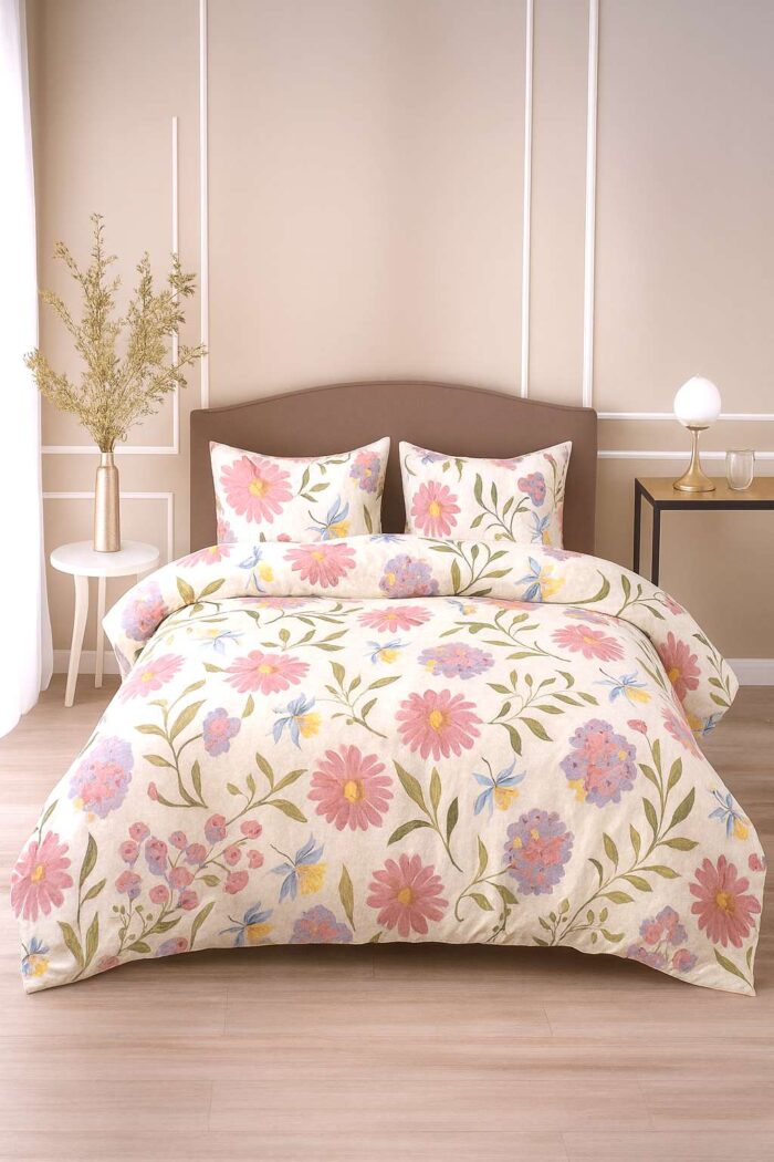 INDHOME LIFE Cotton Blend Ivory Floral King Size Flat Bedsheet – 108x108 Inches with Pillow Covers