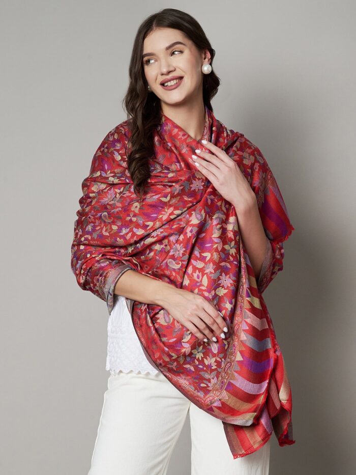 Muffly Wool Blend Kashmiri Jamawar Shawl with Intricate Floral Weave – Traditional Ethnic Shawl for Women – Size (40 inch x 80 inch)