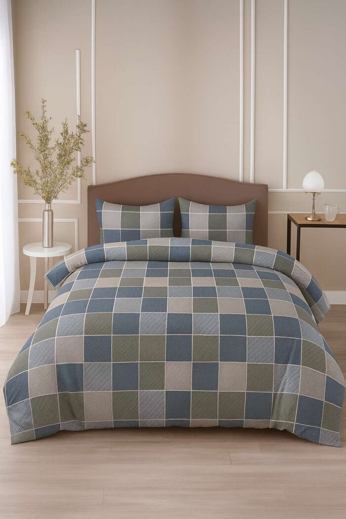 INDHOME LIFE Cotton Blend Checkered King Size Flat Bedsheet – 108x108 Inches with Pillow Covers