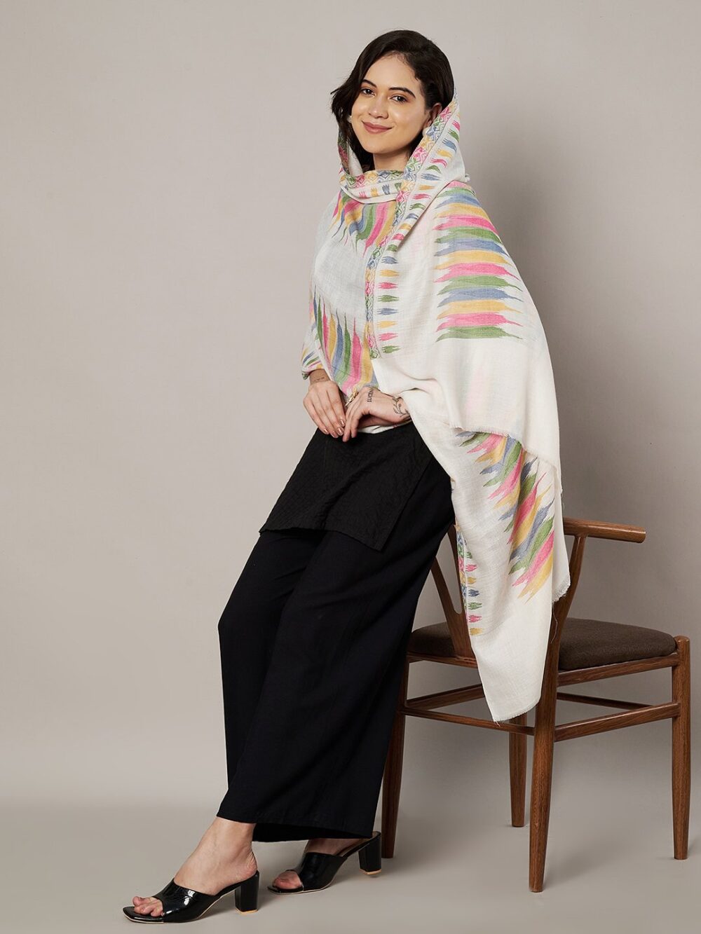 Muffly Ikat Inspired Pastel Stole in Fine Wool - Image 2