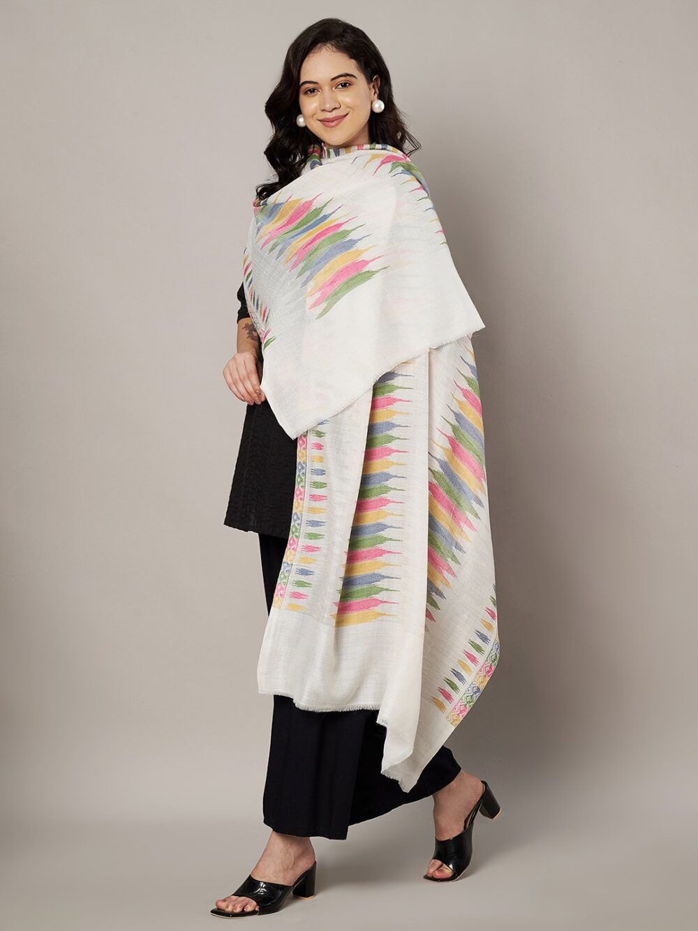 Muffly Ikat Inspired Pastel Stole in Fine Wool - Image 4