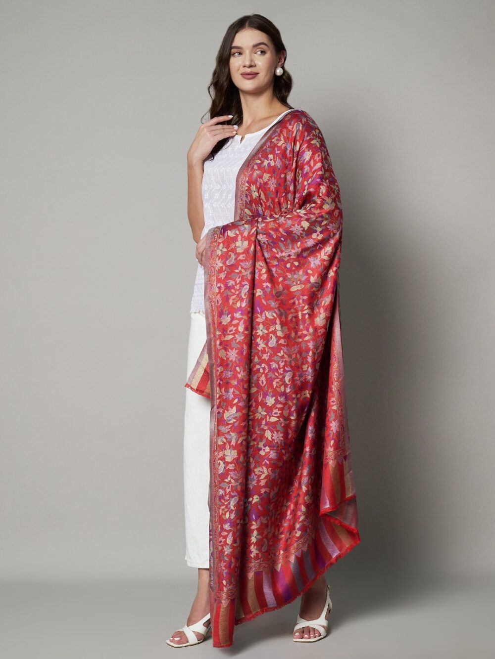 Muffly Wool Blend Kashmiri Jamawar Shawl with Intricate Floral Weave – Traditional Ethnic Shawl for Women – Size (40 inch x 80 inch) - Image 5