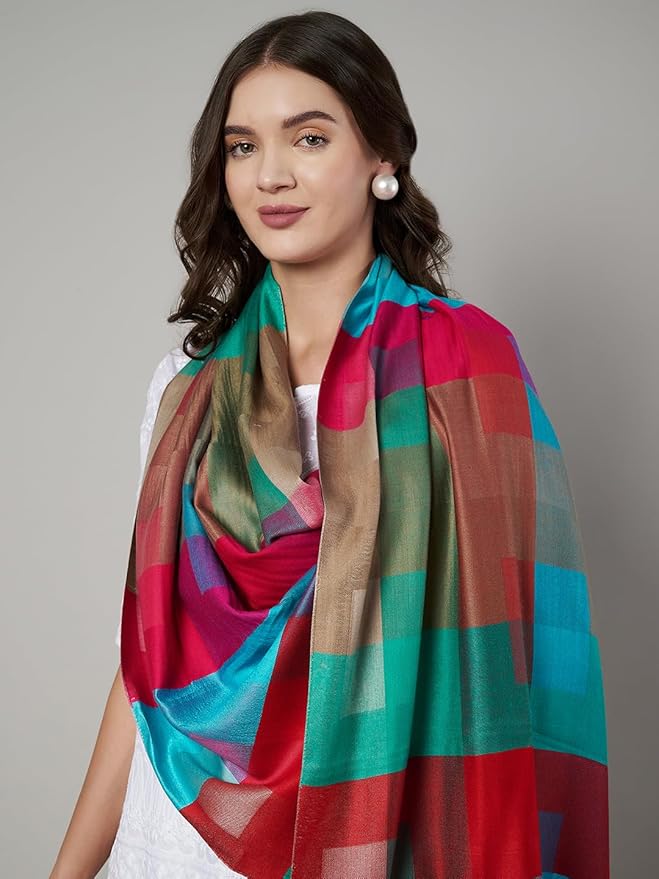 Muffly Bamboo Silk Stole for Women - Multicolored Checkered Design