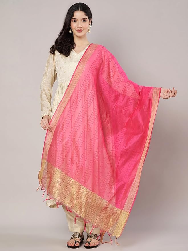 MUFFLY Chanderi Silk Dupatta with Zari Border – Elegant Festive Wear, 2.25-2.5 Metres