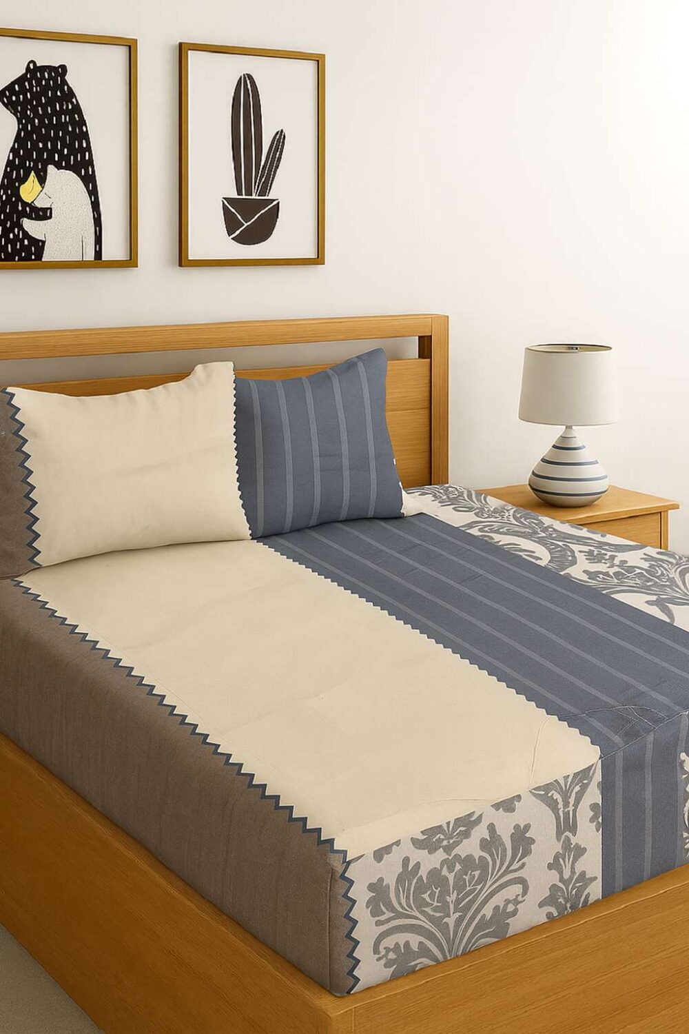 INDHOME LIFE Modern Patchwork Bedsheet Set - Striped & Floral Bedding with 2 Pillow Covers - Image 2