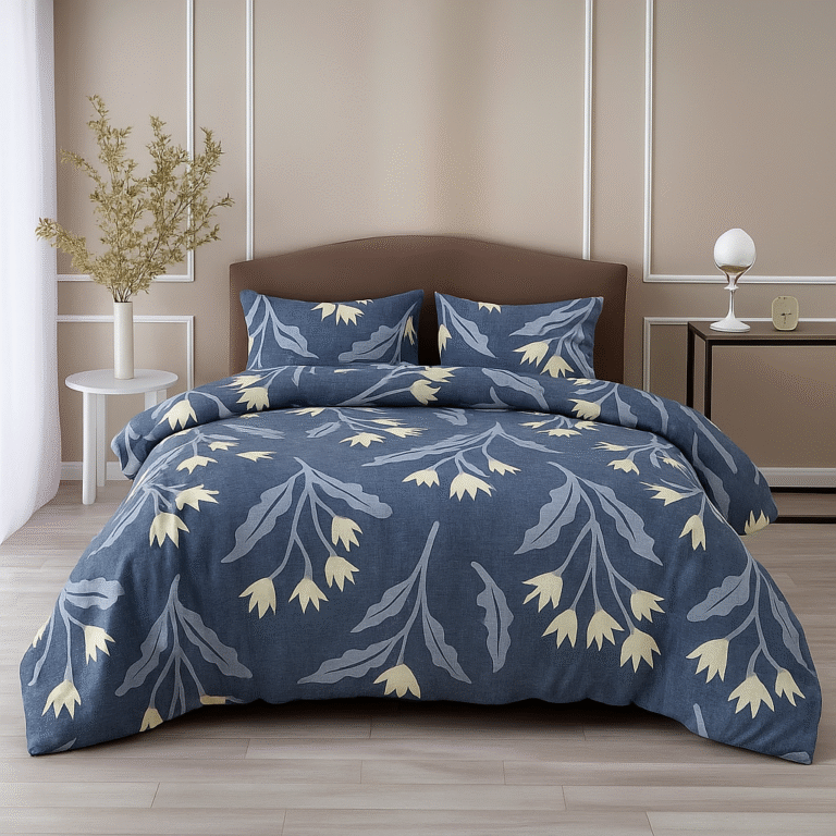 INDHOME LIFE Cotton Blend Blue Floral Bedsheet with Pillow Covers – Bold Leafy Print